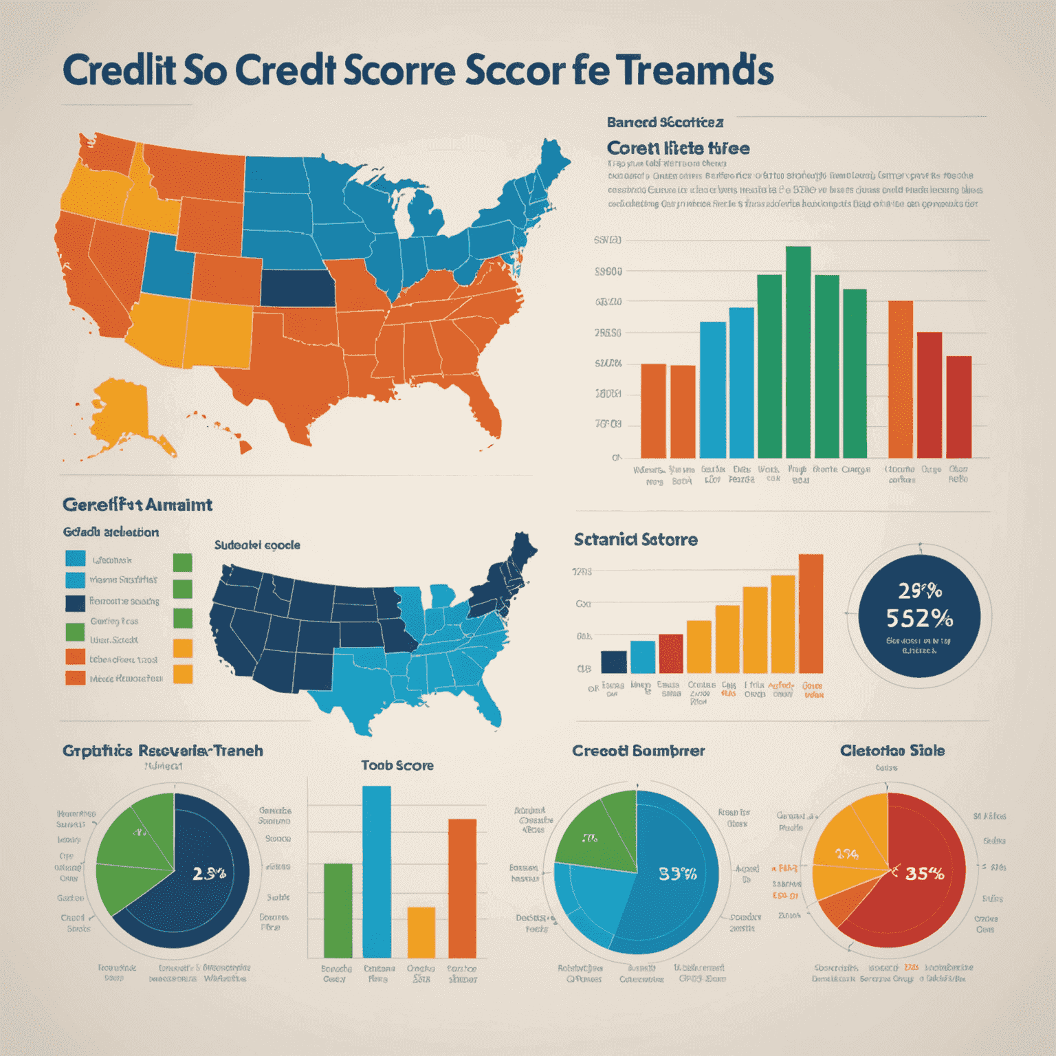 Graph showing credit score trends across different regions of the USA in 2024, with bar charts and line graphs in contrasting colors