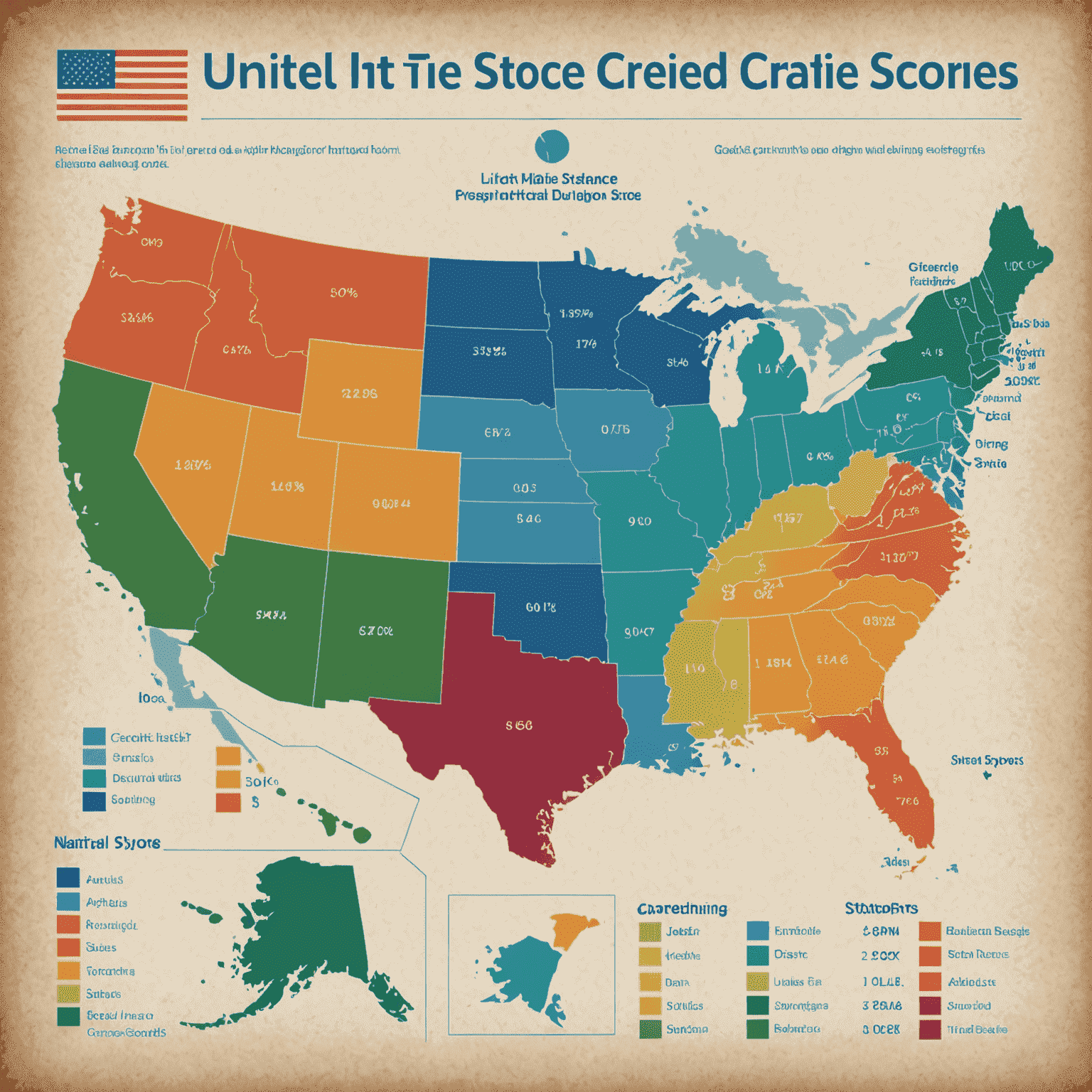 A map of the United States with different regions color-coded to represent varying credit score ranges. Lighter colors indicate higher average scores, while darker shades represent lower scores.