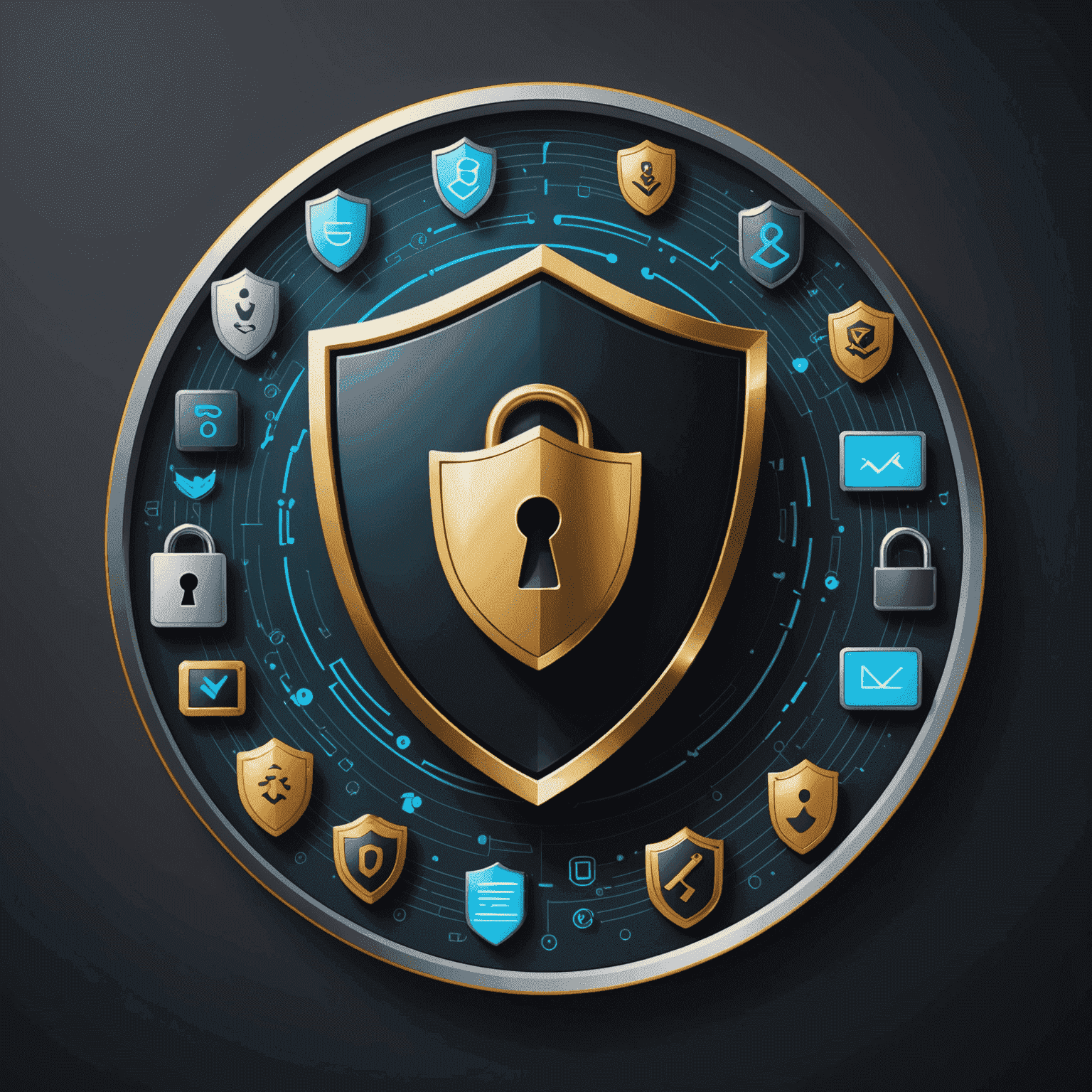 Illustration depicting various cybersecurity measures including a shield, lock, and digital identity protection symbols