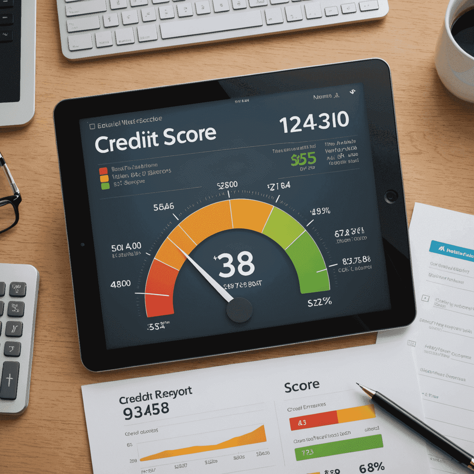 A dashboard showing a credit score meter, credit report summary, and various financial metrics
