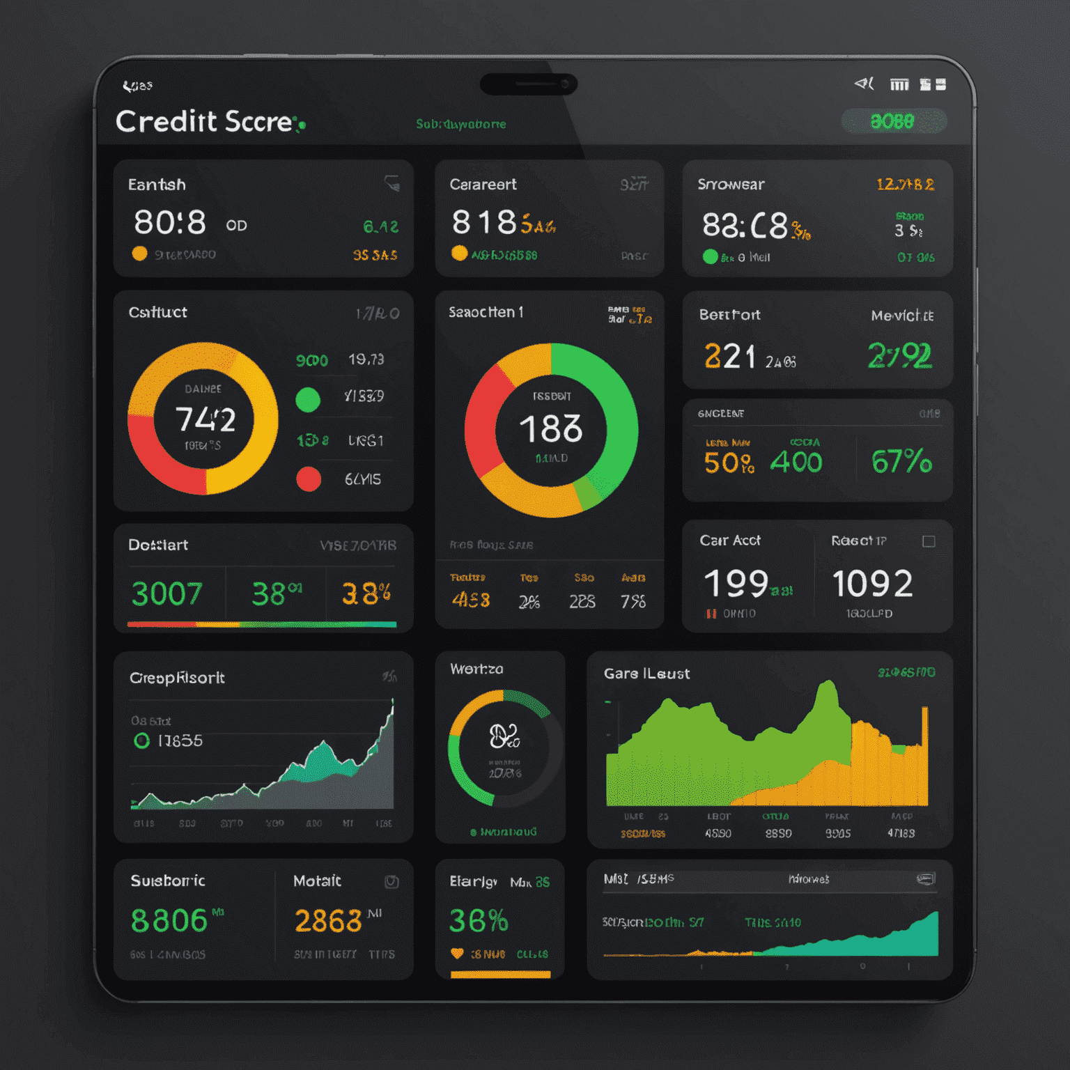 A sophisticated dashboard showing credit score, recent alerts, and account activity. The interface is sleek with dark background and vibrant data visualizations.