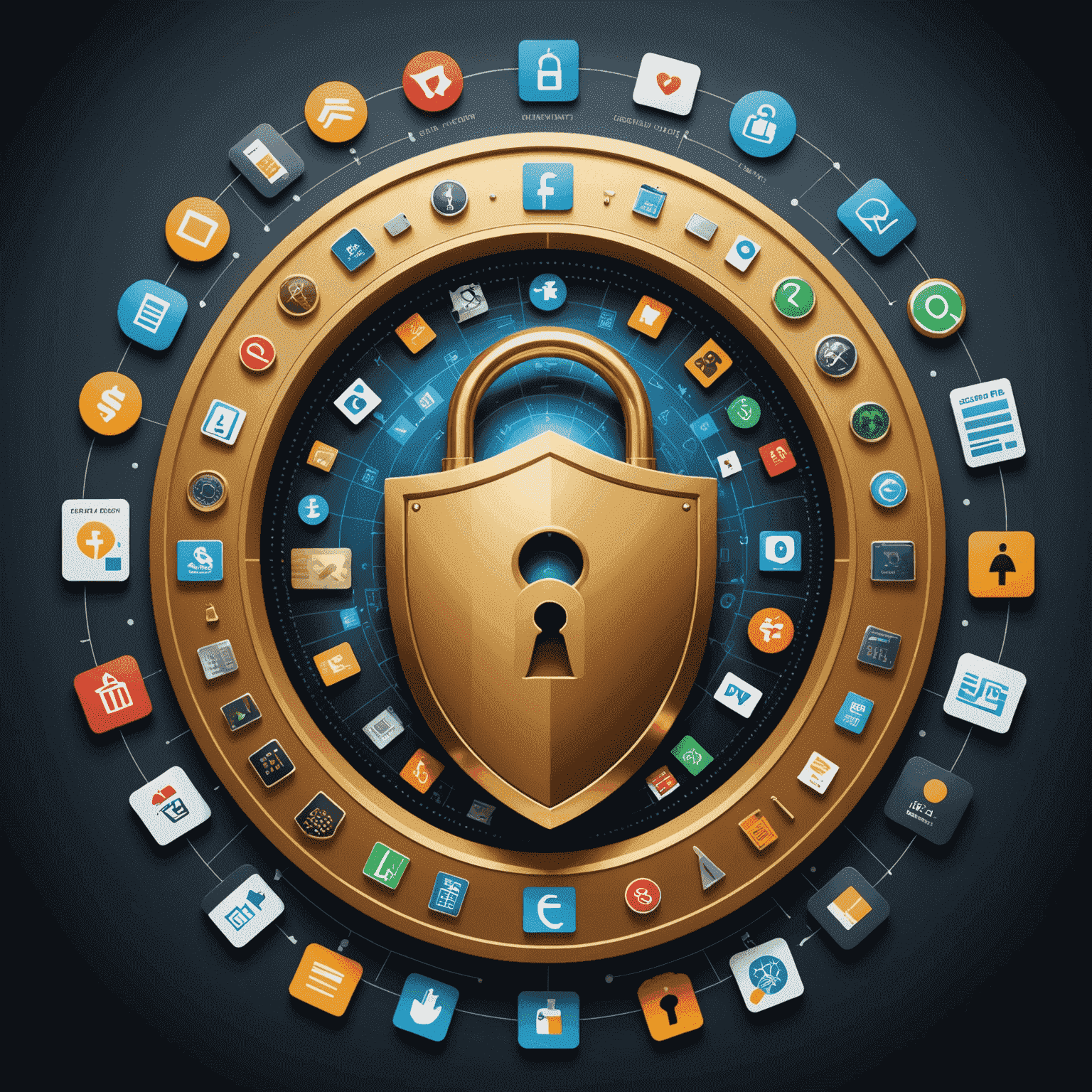 A secure digital vault representing identity protection, with a shield icon and lock symbols surrounding personal data icons like credit cards, social security numbers, and passports. The image conveys a sense of security and advanced technology in safeguarding personal information.