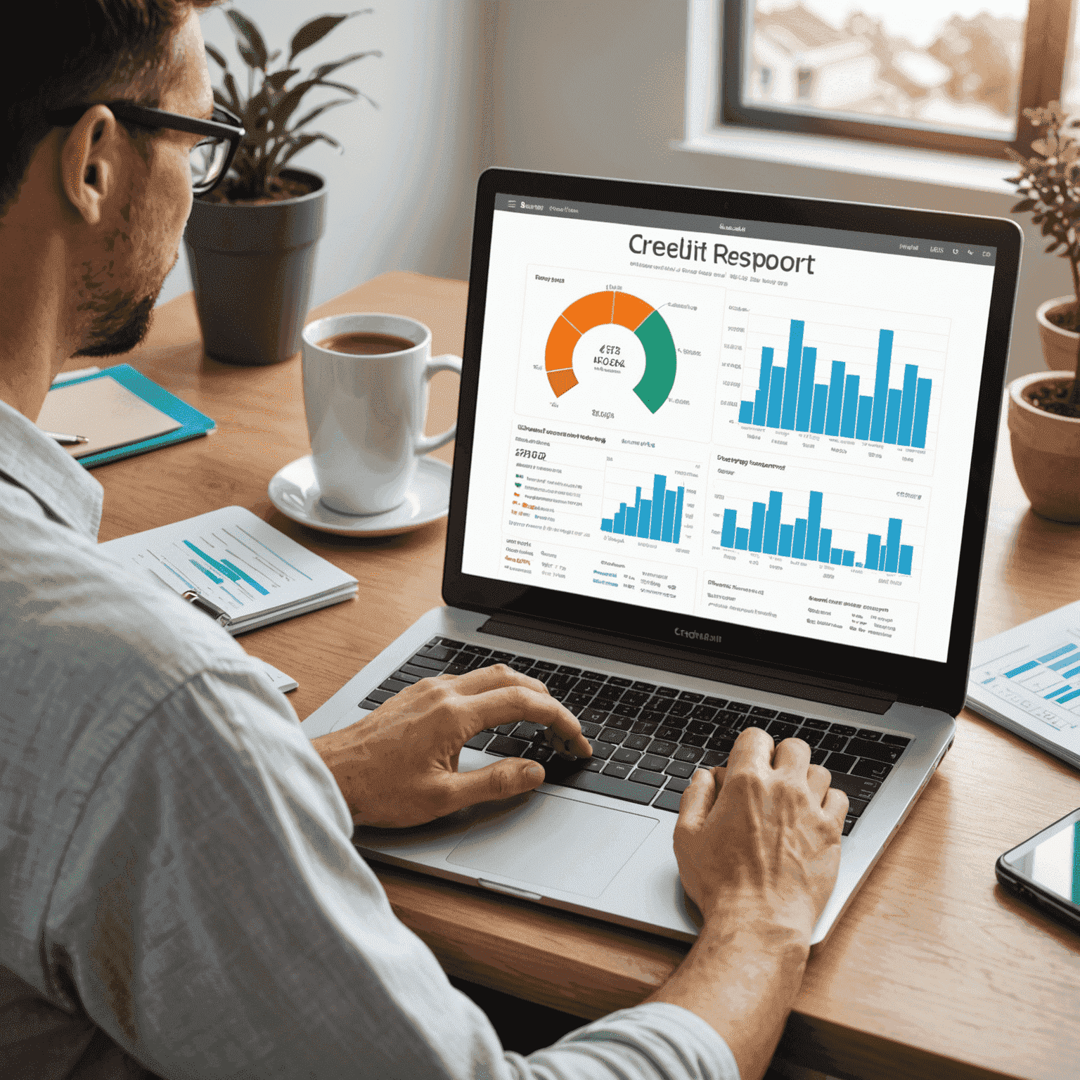 A person analyzing their Experian credit report on a computer screen, with graphs and charts showing credit score trends and account statuses