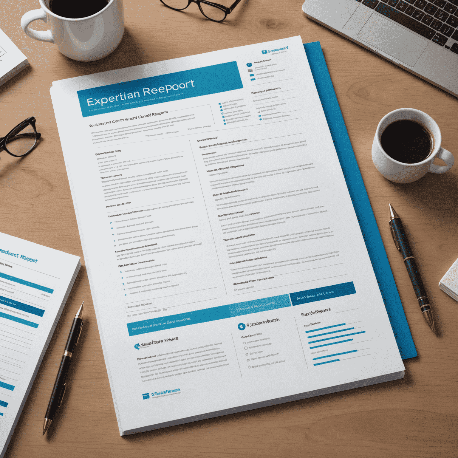 Mockup of an Experian credit report with key sections highlighted and explanatory notes pointing to different parts